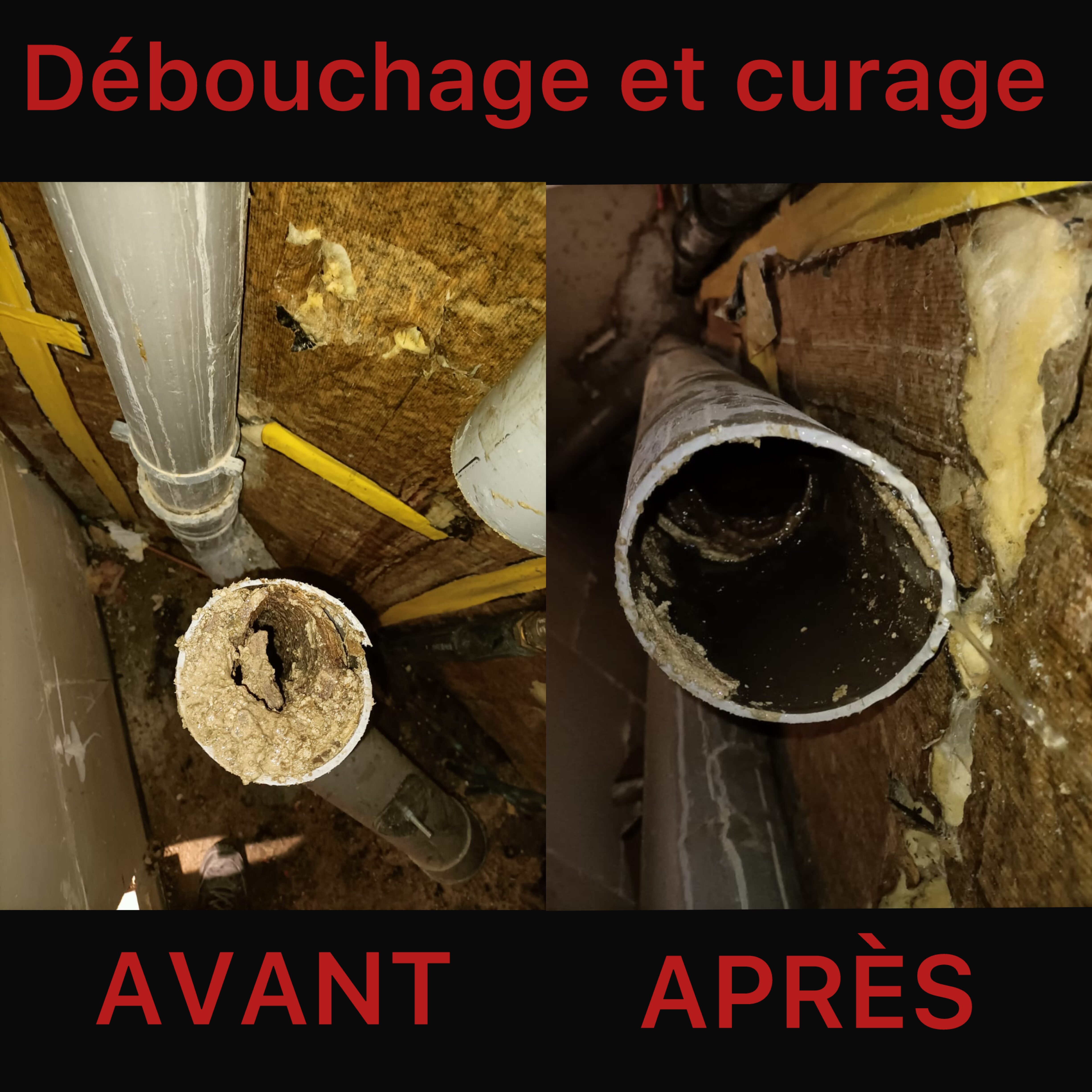 Curage de canalisation avant après intervention sanibroyeur