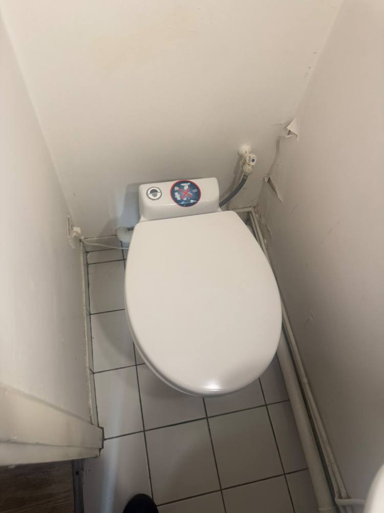 WC sanibroyeur compact installé sous un escalier